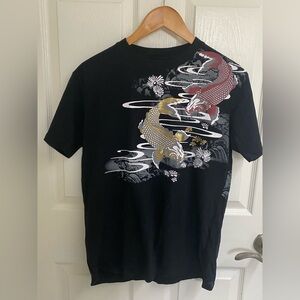 L front and back koi fish art metallic gold red shirt